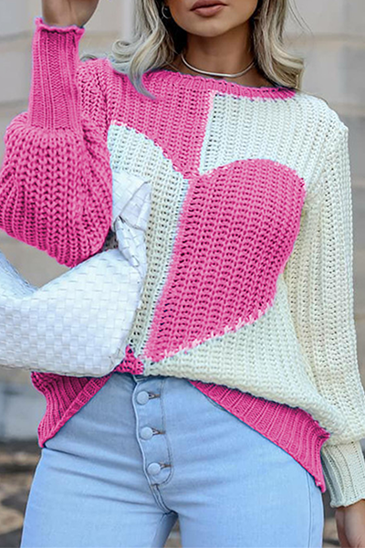 Lässiger Patchwork-Pullover mit Rundhalsausschnitt und Kontrast