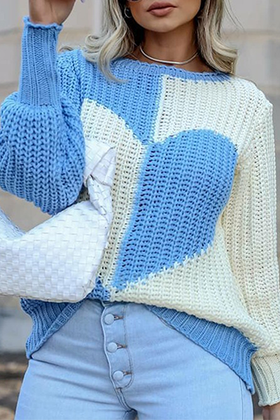 Lässiger Patchwork-Pullover mit Rundhalsausschnitt und Kontrast
