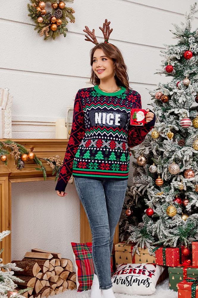 Mit Pailletten bestickter Weihnachts-Jacquard-Strickpullover