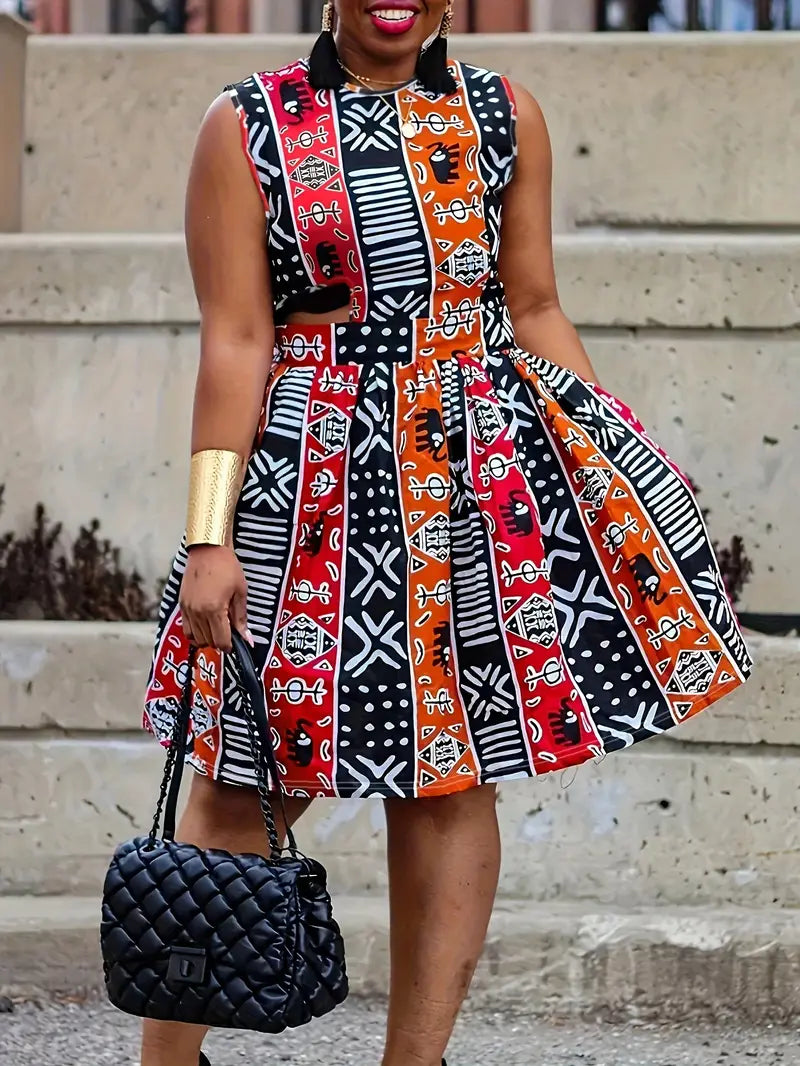 Geometrisch bedrucktes Tank-Kleid in Übergröße mit eingeschnürter Taille