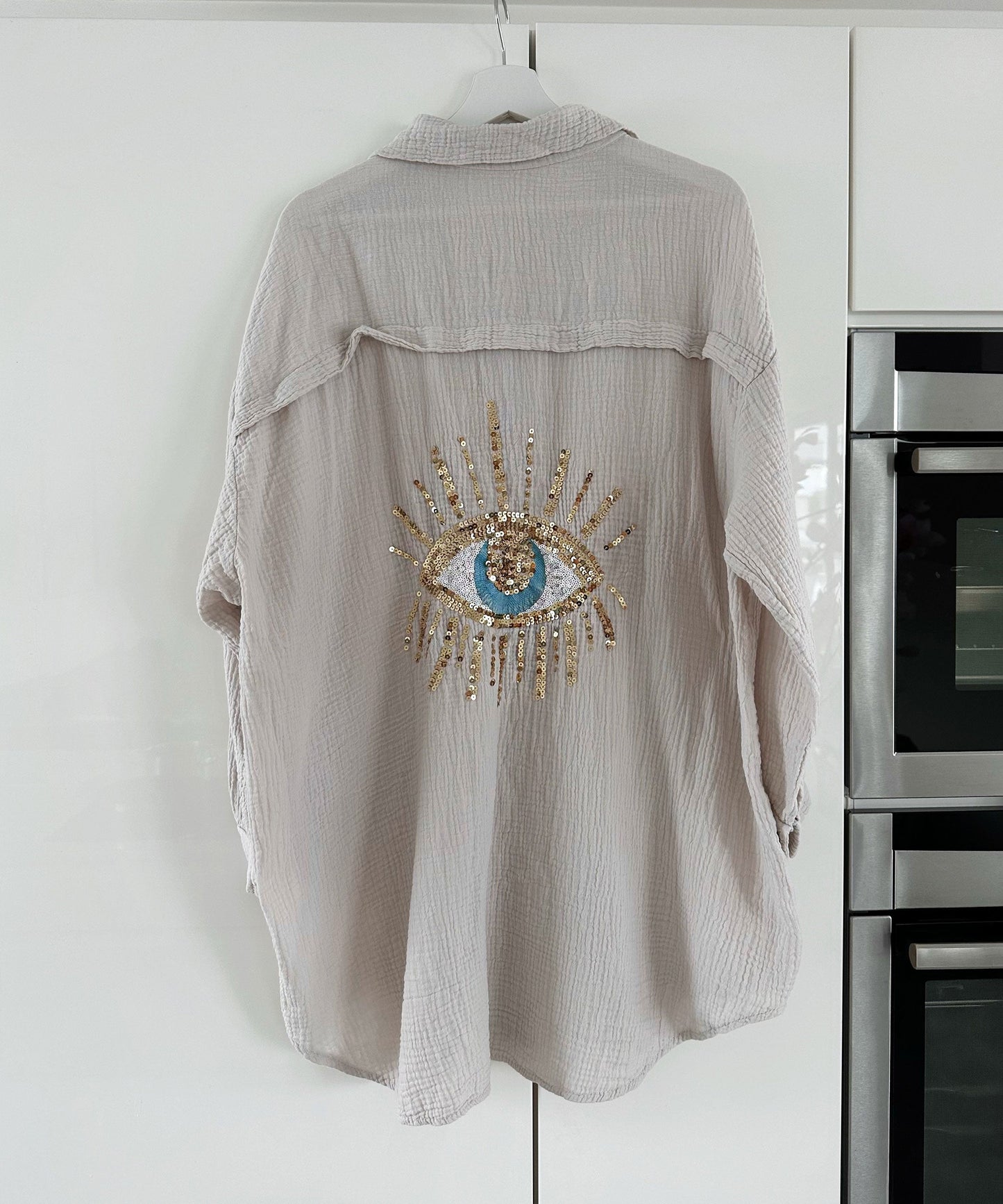 Oversize Musselin Bluse Glitzer Auge Beige