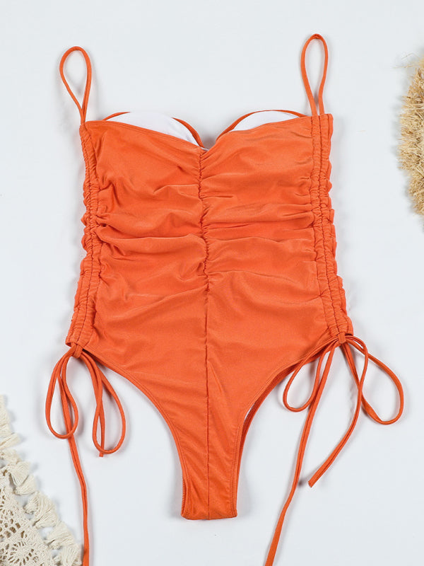 Neuer einteiliger Badeanzug mit Kordelzug, einfarbig, plissiert, sexy Straps-Bikini