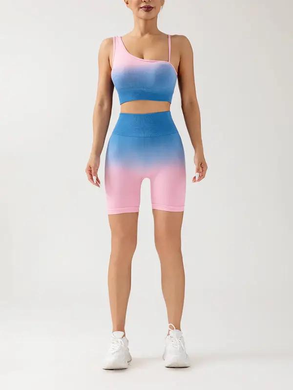 Nahtloses, atmungsaktives, enges Sport-Set mit drei Punkten für Damen mit Farbverlauf, Yogahose + Oberteil