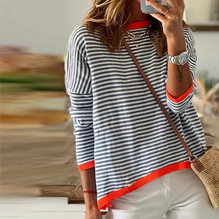 Riley - Blau gestreifter Pullover mit orangefarbenem Rand
