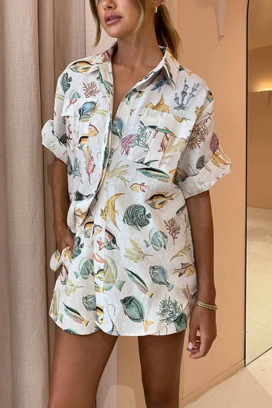 Personalisiertes Fisch-Print-Urlaubs-Kurzarm-Hemd-Batik-Shorts-Set