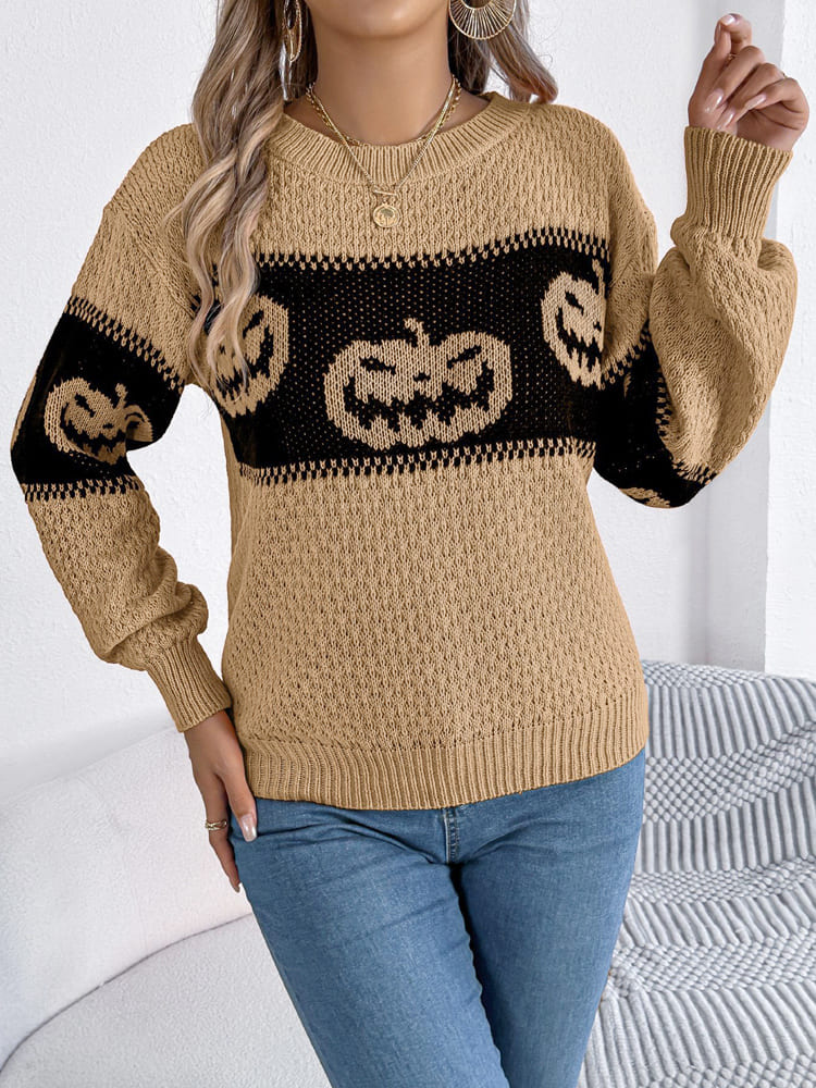 Halloween-Kürbiskopf-Farbblock-Strickpullover mit Rundhalsausschnitt