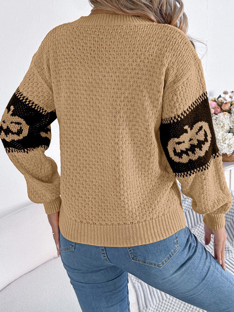 Halloween-Kürbiskopf-Farbblock-Strickpullover mit Rundhalsausschnitt