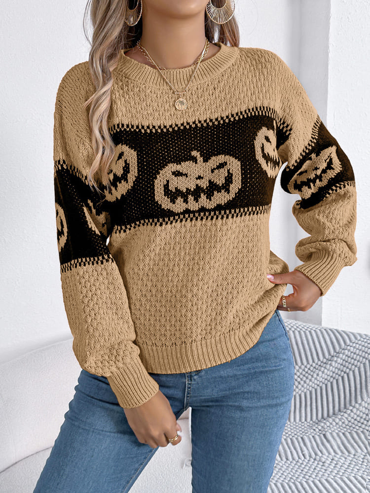 Halloween-Kürbiskopf-Farbblock-Strickpullover mit Rundhalsausschnitt