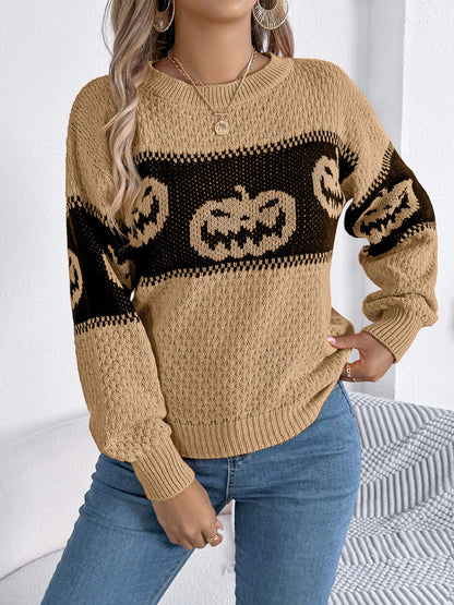Halloween-Kürbiskopf-Farbblock-Strickpullover mit Rundhalsausschnitt