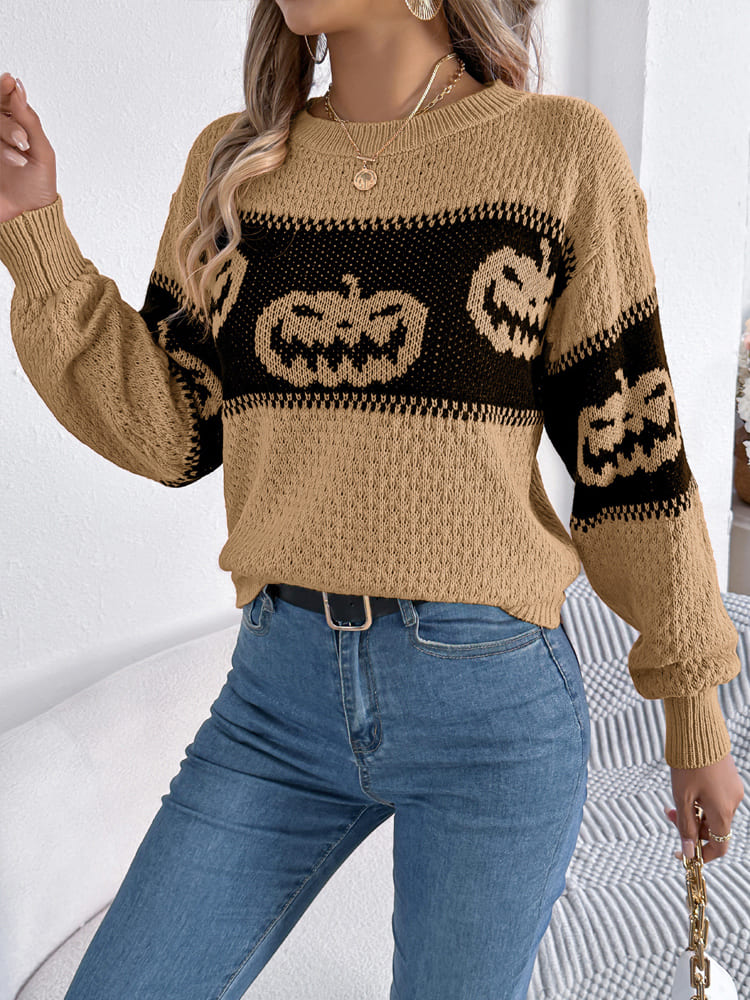 Halloween-Kürbiskopf-Farbblock-Strickpullover mit Rundhalsausschnitt