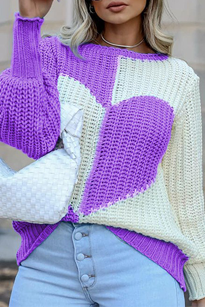 Lässiger Patchwork-Pullover mit Rundhalsausschnitt und Kontrast
