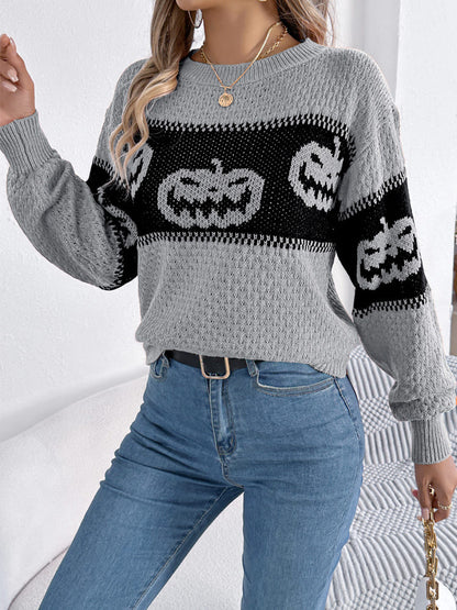 Halloween-Kürbiskopf-Farbblock-Strickpullover mit Rundhalsausschnitt