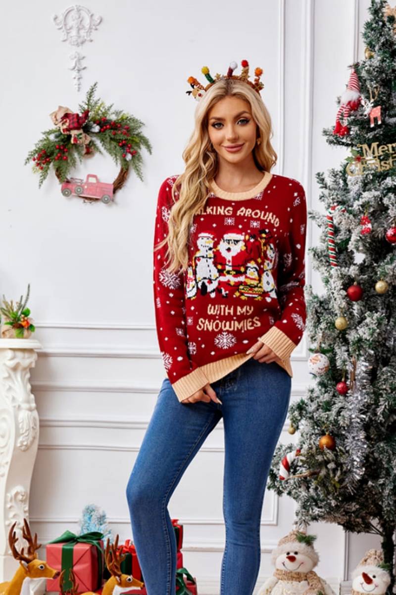 Lässiger, bestickter Pullover mit Rundhalsausschnitt – Weihnachtsmann und Pinguin
