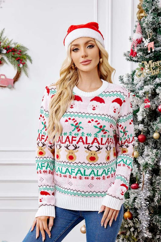 Locker sitzender Rundhals-Weihnachts-Cartoon-Strickpullover – Rosa