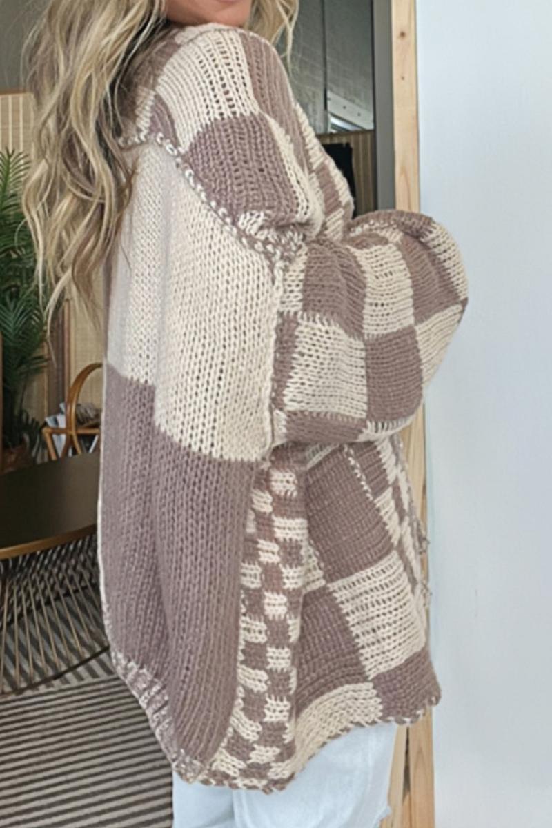 Karierte Strickjacke mit offener Vorderseite und langen Ärmeln