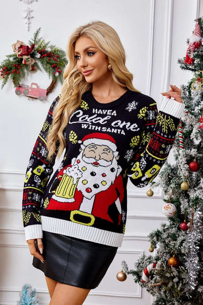 Lässiger Strickpullover mit Rundhalsausschnitt – Weihnachtsmann genießt ein Bier