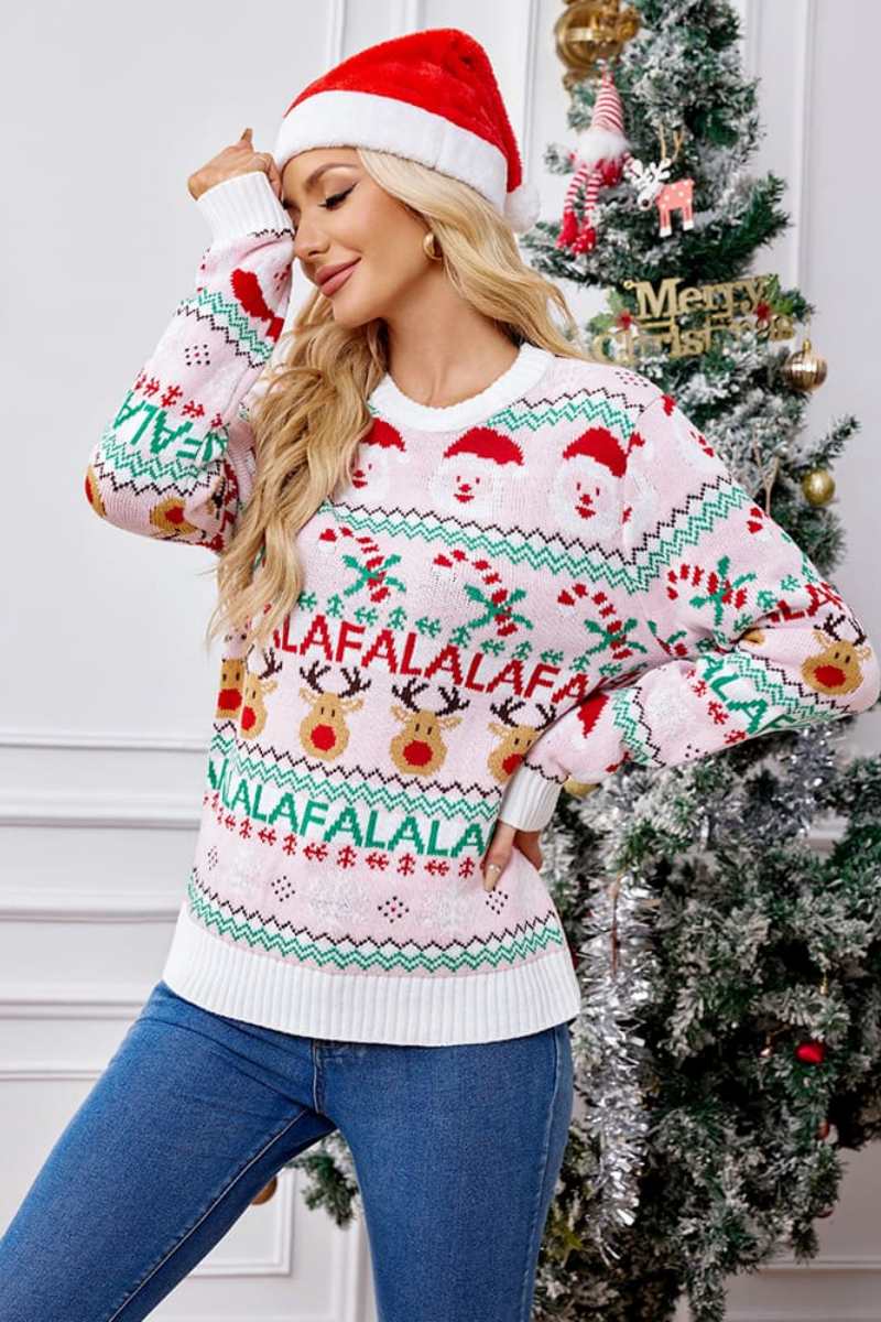 Locker sitzender Rundhals-Weihnachts-Cartoon-Strickpullover – Rosa
