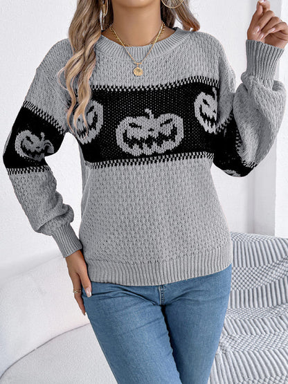 Halloween-Kürbiskopf-Farbblock-Strickpullover mit Rundhalsausschnitt