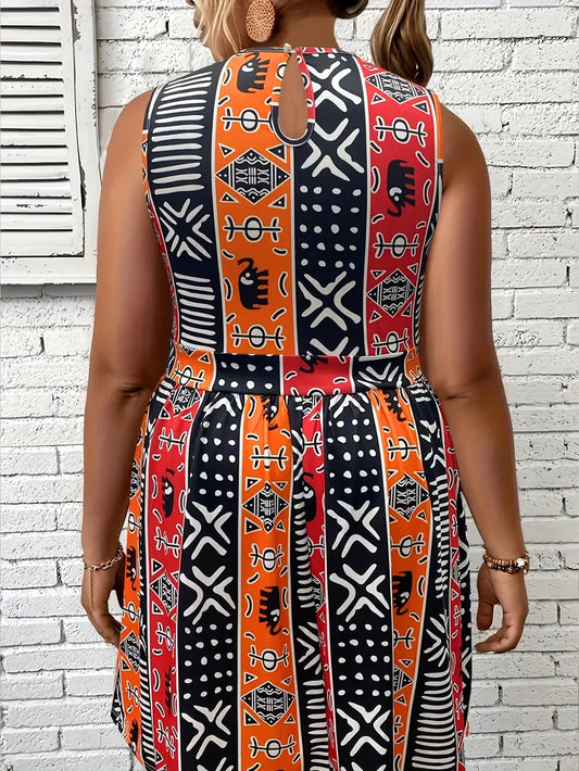 Geometrisch bedrucktes Tank-Kleid in Übergröße mit eingeschnürter Taille