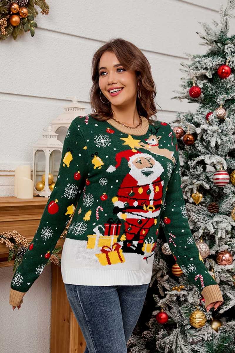 Pullover mit Rundhalsausschnitt und Weihnachtsmann-Motiv, Strickpullover