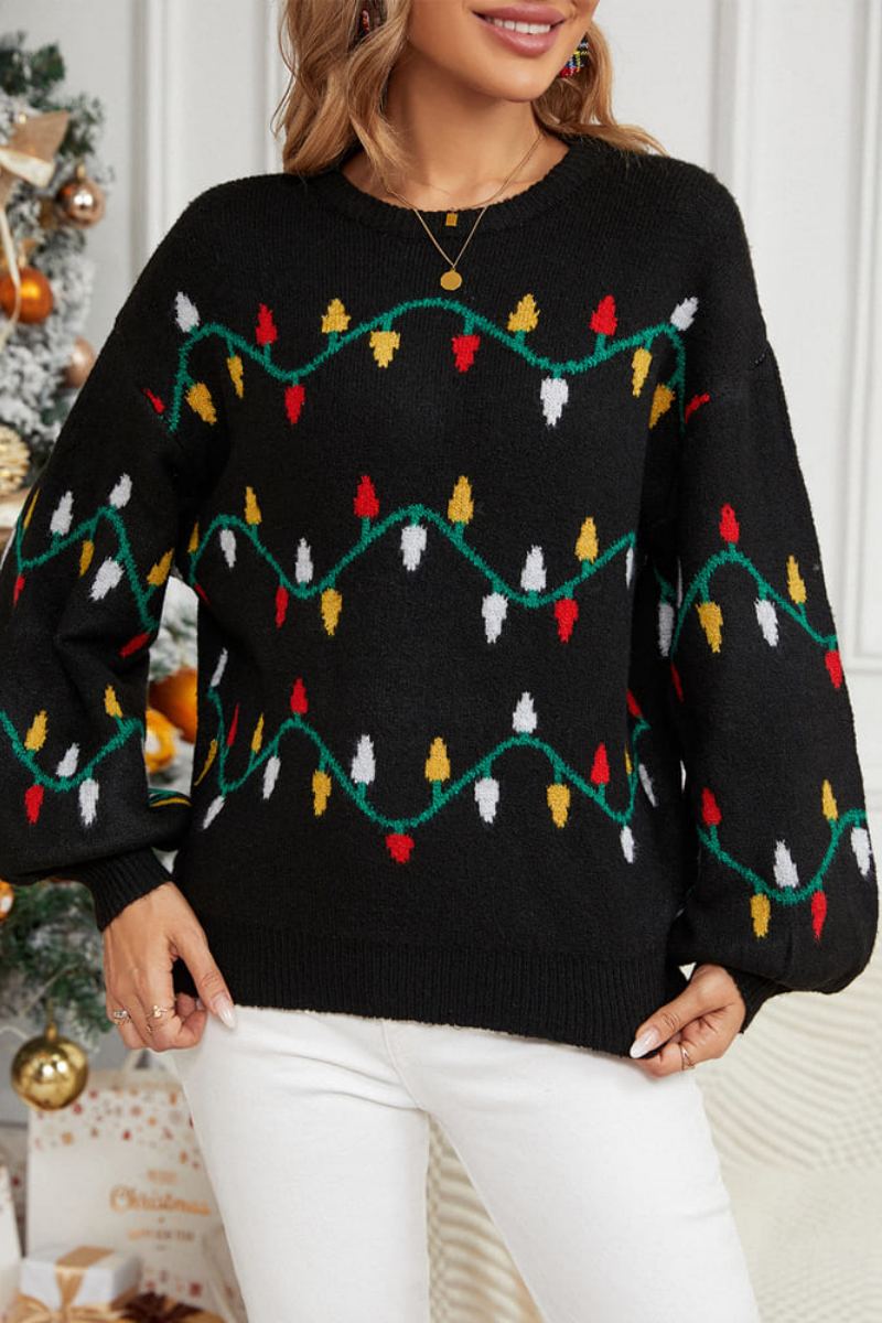 Lässiger, bestickter Strickpullover mit Rundhalsausschnitt – Bunte Schnur