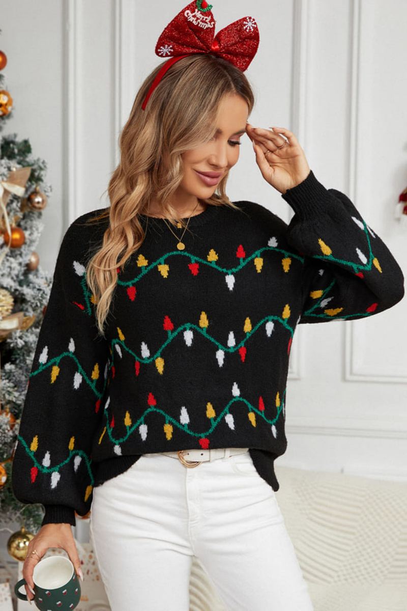 Lässiger, bestickter Strickpullover mit Rundhalsausschnitt – Bunte Schnur