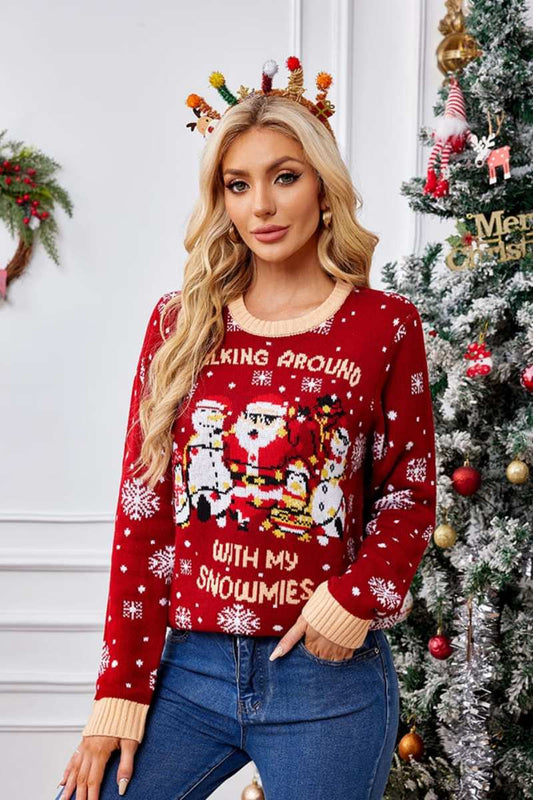 Lässiger, bestickter Pullover mit Rundhalsausschnitt – Weihnachtsmann und Pinguin