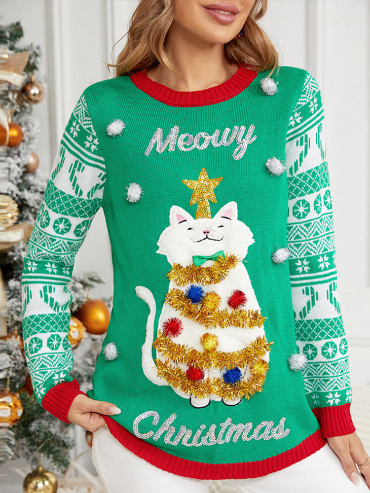 Weihnachtspullover mit langen Ärmeln und Rundhalsausschnitt mit Katzenapplikation