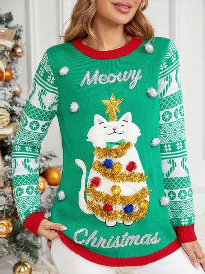 Weihnachtspullover mit langen Ärmeln und Rundhalsausschnitt mit Katzenapplikation