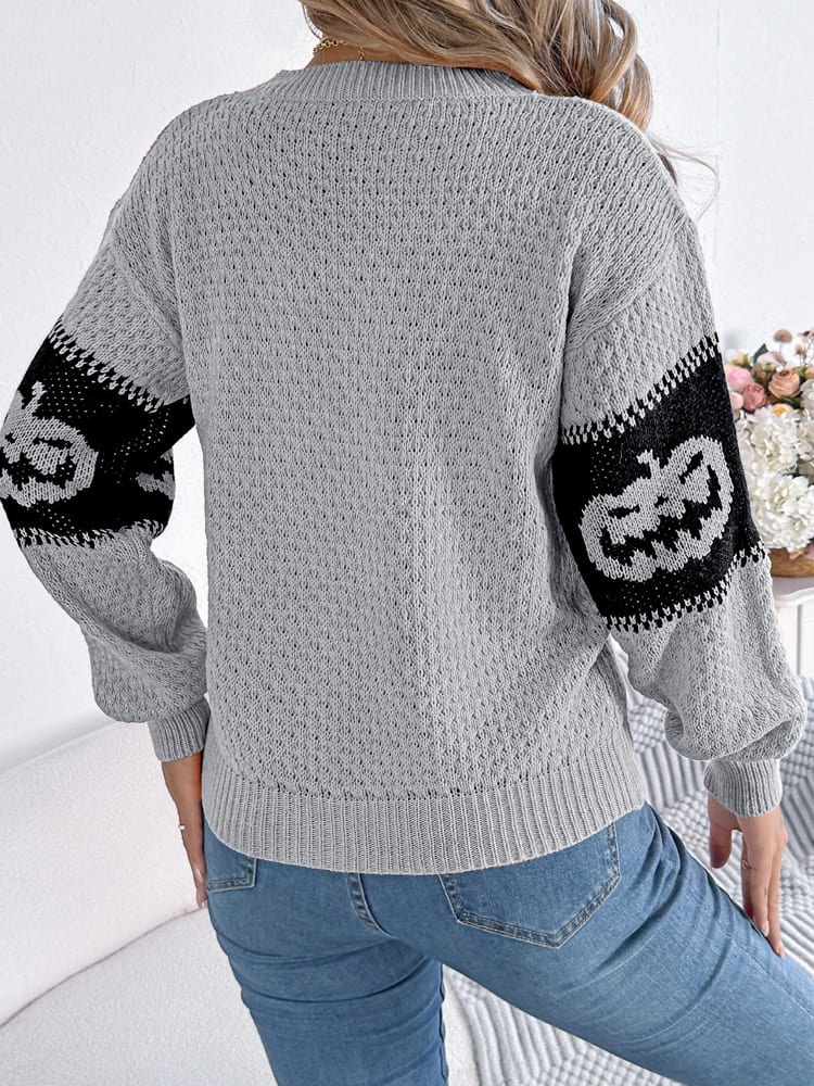 Halloween-Kürbiskopf-Farbblock-Strickpullover mit Rundhalsausschnitt