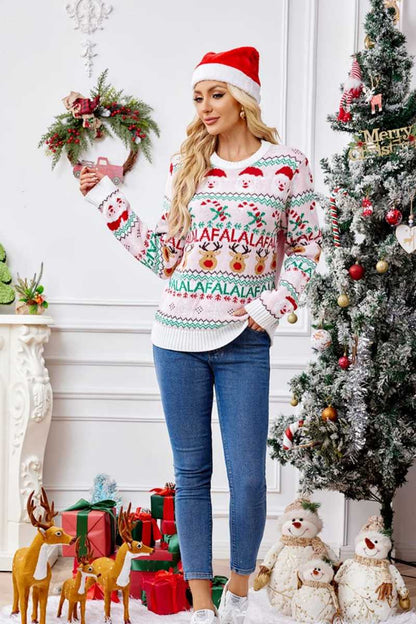 Locker sitzender Rundhals-Weihnachts-Cartoon-Strickpullover – Rosa