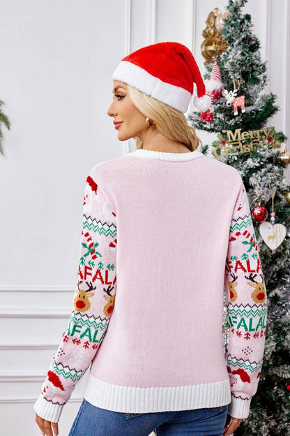 Locker sitzender Rundhals-Weihnachts-Cartoon-Strickpullover – Rosa