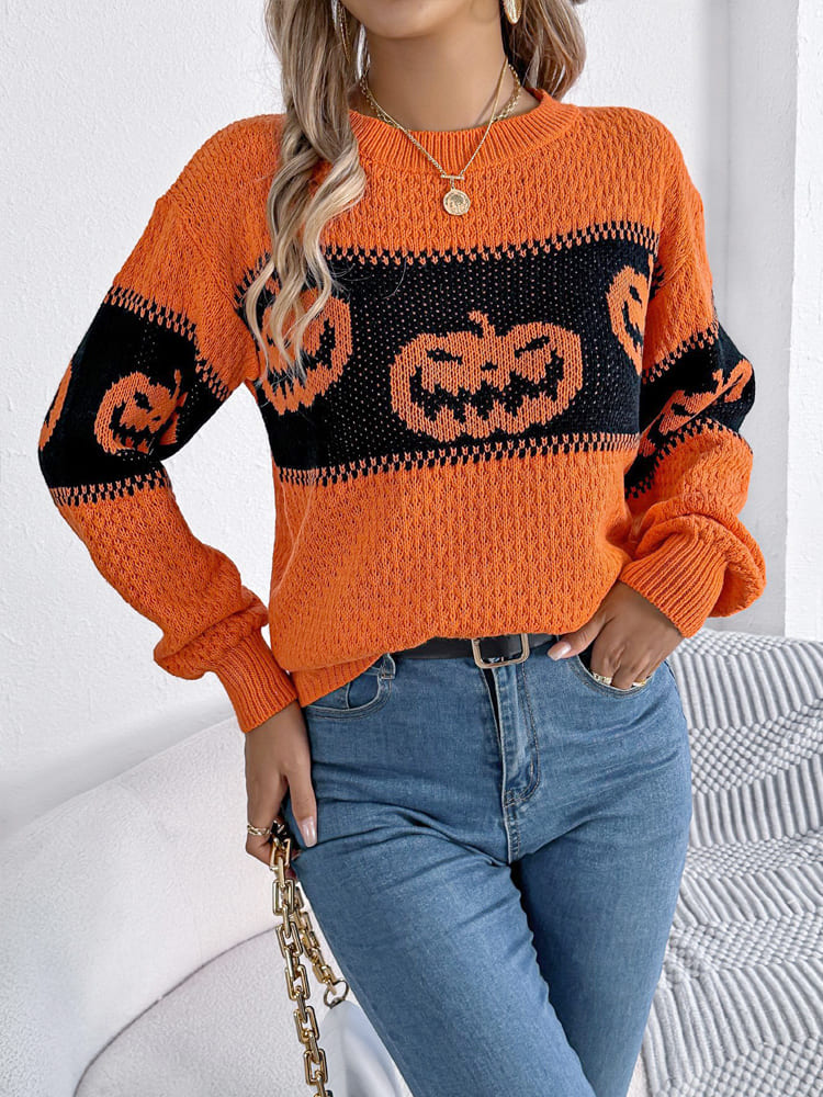 Halloween-Kürbiskopf-Farbblock-Strickpullover mit Rundhalsausschnitt
