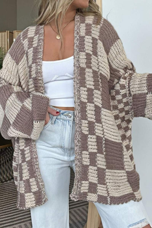 Karierte Strickjacke mit offener Vorderseite und langen Ärmeln