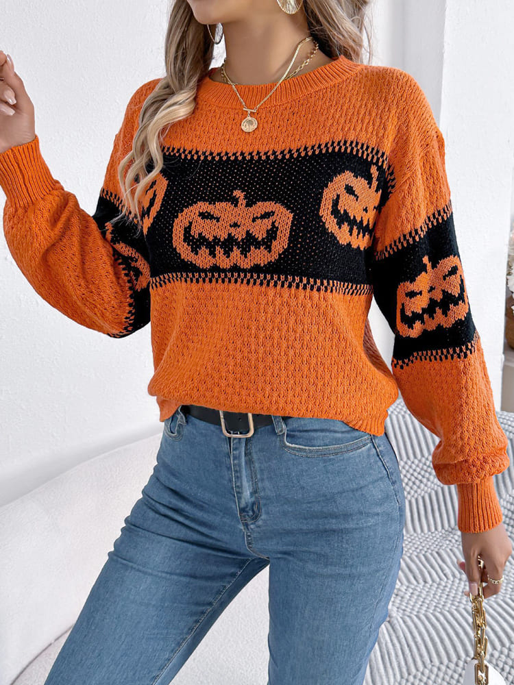 Halloween-Kürbiskopf-Farbblock-Strickpullover mit Rundhalsausschnitt