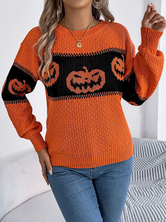 Halloween-Kürbiskopf-Farbblock-Strickpullover mit Rundhalsausschnitt