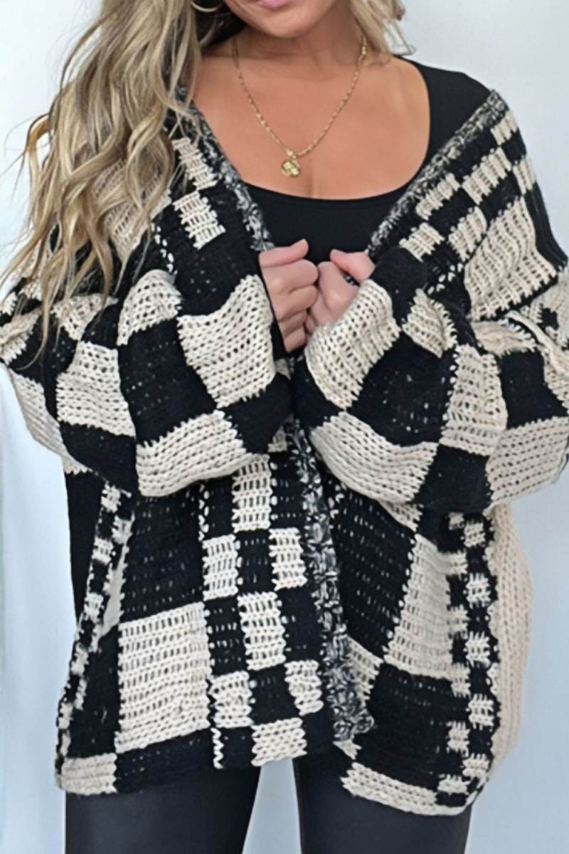 Karierte Strickjacke mit offener Vorderseite und langen Ärmeln
