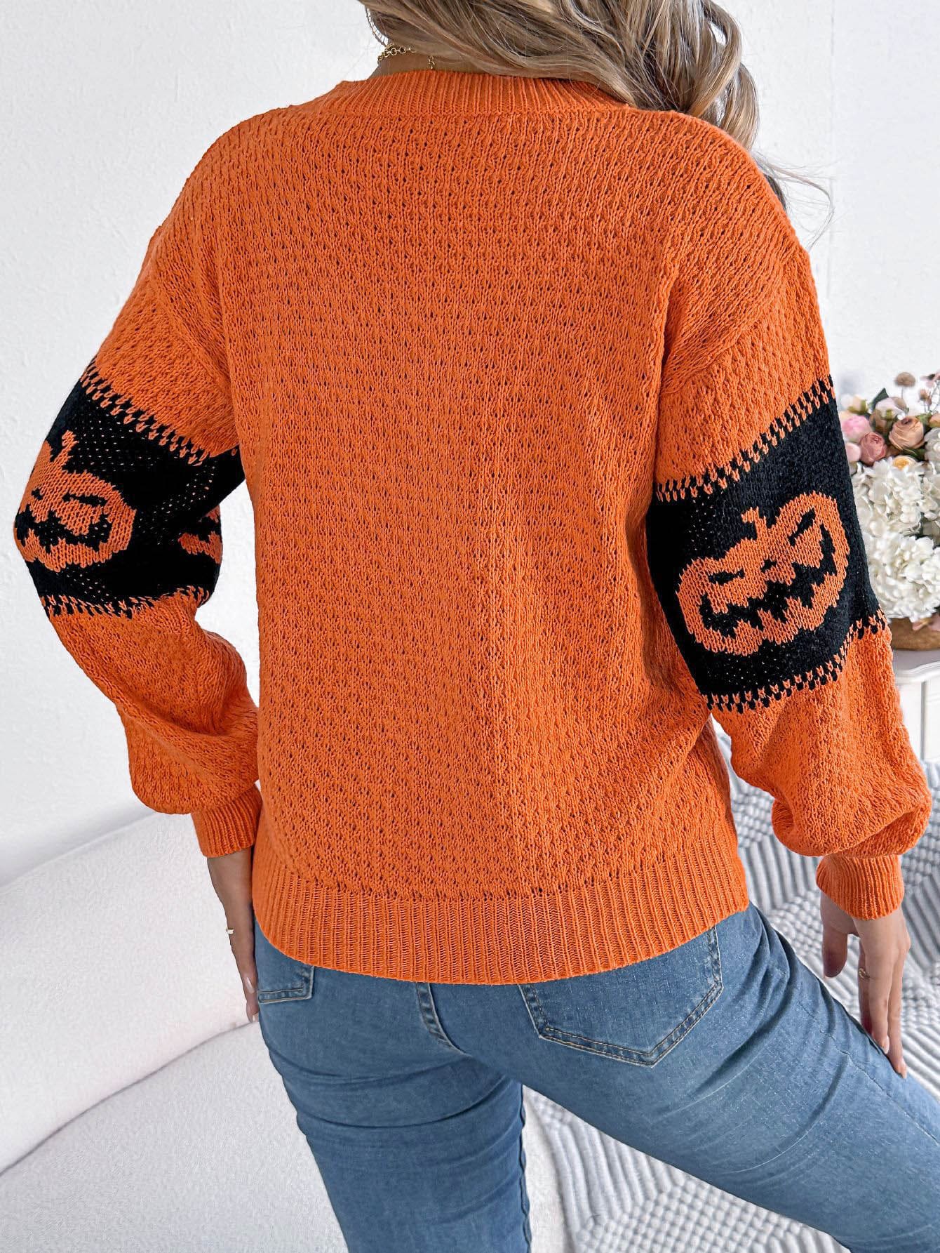 Halloween-Kürbiskopf-Farbblock-Strickpullover mit Rundhalsausschnitt