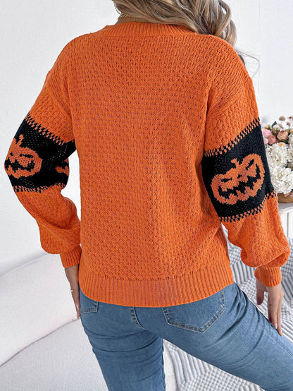 Halloween-Kürbiskopf-Farbblock-Strickpullover mit Rundhalsausschnitt