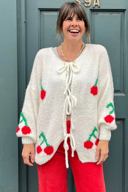 Cherry Tie Strickjacke aus Mohairmischung - Creme