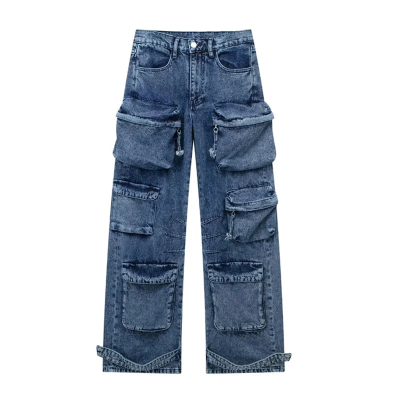 Ines - Weite Denim-Hose - Mehrfachtaschen Streetwear-Stil