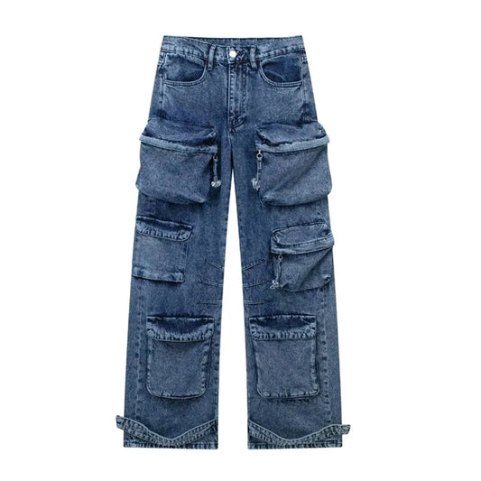 Ines - Weite Denim-Hose - Mehrfachtaschen Streetwear-Stil