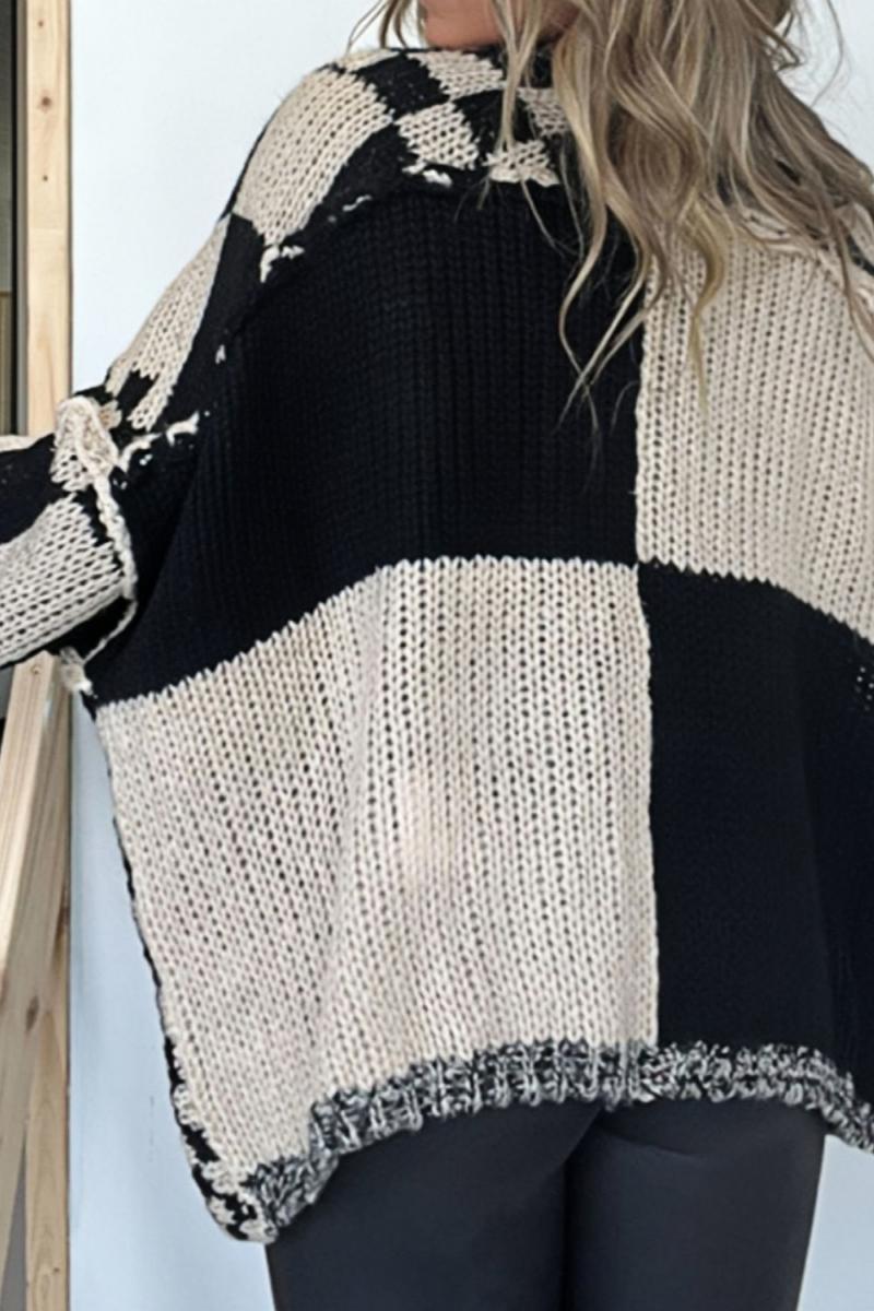 Karierte Strickjacke mit offener Vorderseite und langen Ärmeln