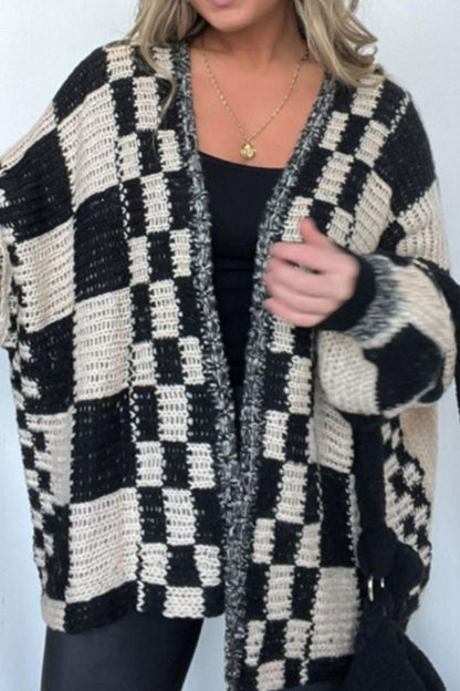 Karierte Strickjacke mit offener Vorderseite und langen Ärmeln