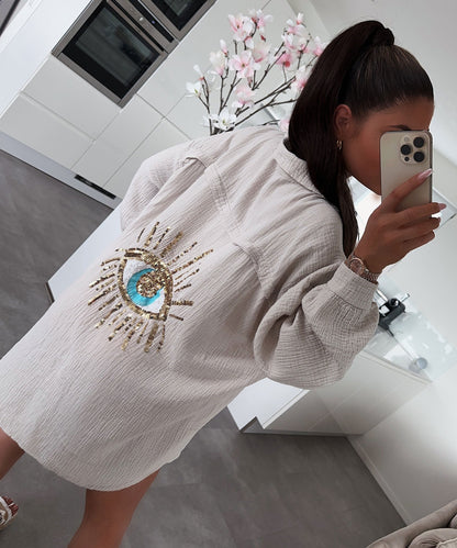 Oversize Musselin Bluse Glitzer Auge Beige