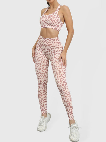 Leopardenmuster, schöner Rücken, enger Sportanzug, pfirsichfarbene, hüfthebende Fitnesskleidung mit hoher Taille