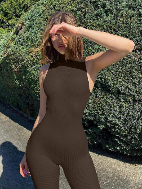 Damen Yoga-Overall, schmale Passform, geripptes ärmelloses Rollkragenoberteil, Sport-Overall