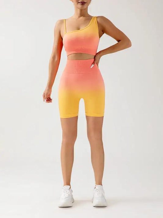 Nahtloses, atmungsaktives, enges Sport-Set mit drei Punkten für Damen mit Farbverlauf, Yogahose + Oberteil