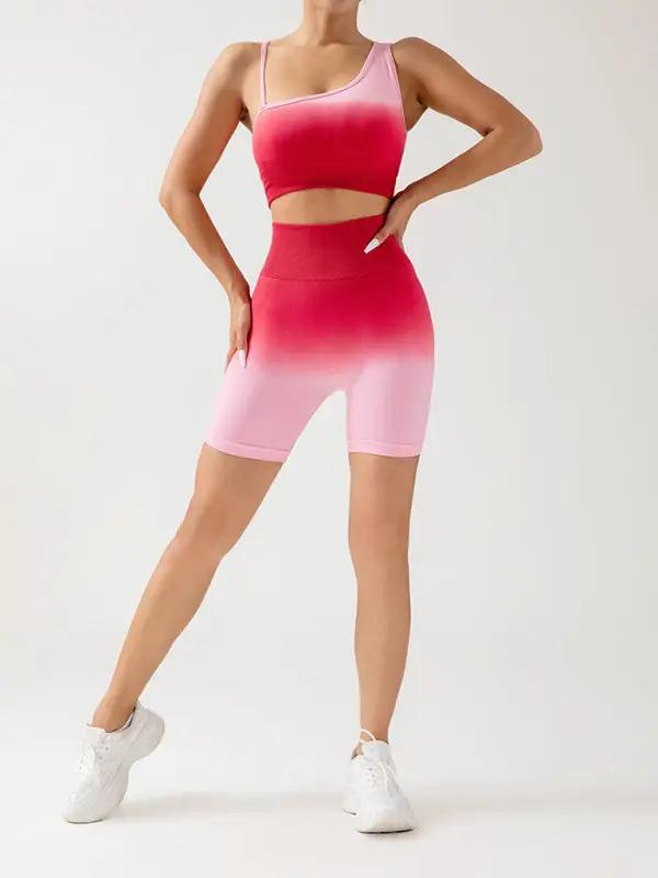 Nahtloses, atmungsaktives, enges Sport-Set mit drei Punkten für Damen mit Farbverlauf, Yogahose + Oberteil