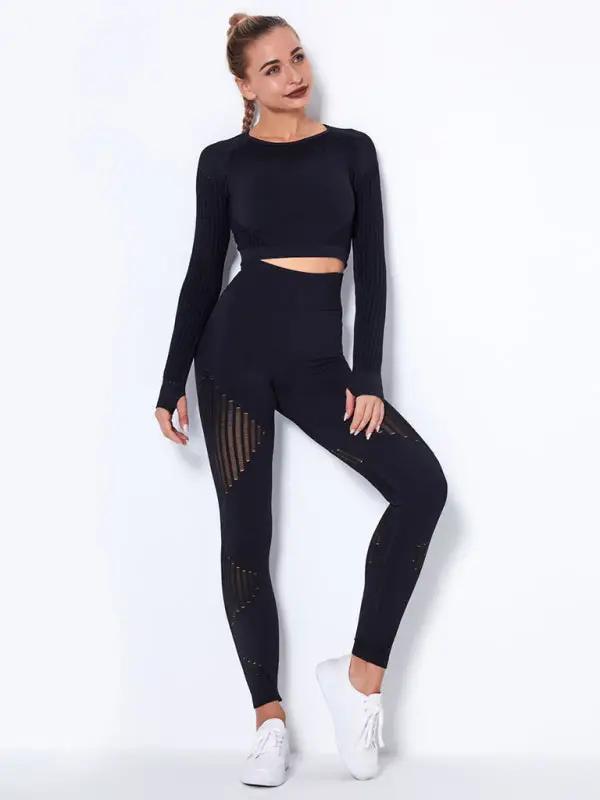 Nahtlose eng gestreifte Langarmhose, schnelltrocknendes Yoga-Sportbekleidungsset